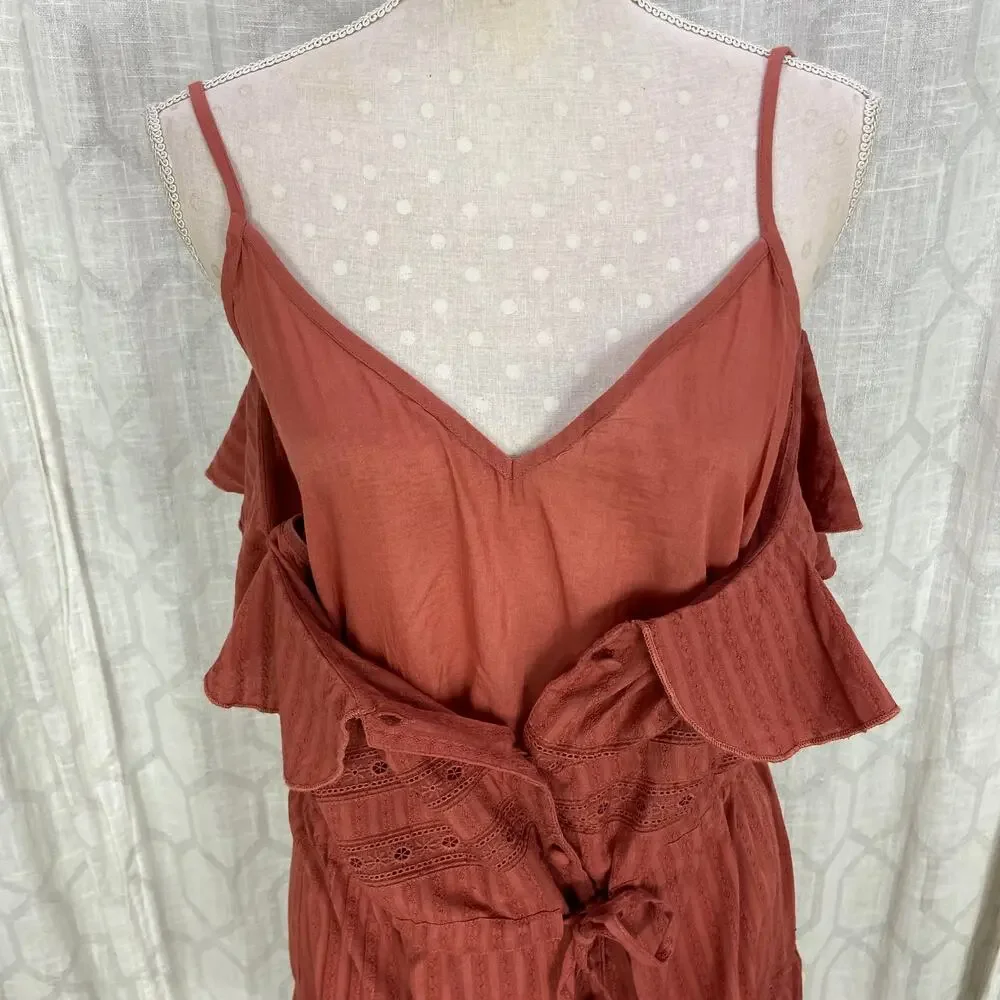 ASOS Peasant‎ Dress 8 Rust Terracotta Eyelet Lace Cotton Ruffle A Line Mini